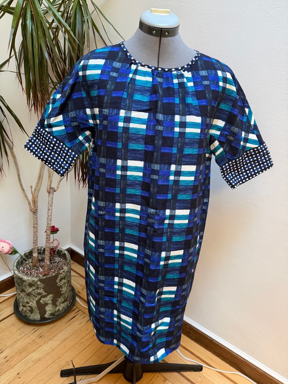 Weekend Max Mara Blue Plaid Shift Dress Geometric Cotton Blend